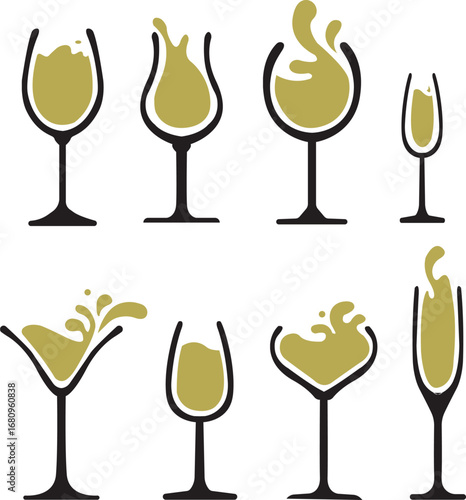 Wine glass and bottle silhouette,Wineglass or Champagne Glasses Line Icon Set. Celebration and Holidays Line Icon Set Vector Design on White Background.Splash of wine,Glass of wine