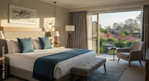 Serene luxury hotel bedroom with stunning garden view and warm morning sunlight creating a peaceful, inviting atmosphere for relaxation and escape