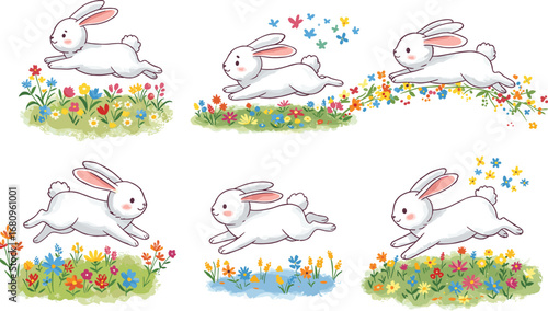 White cartoon rabbit running through spring flowers, joyful bunny illustration, meadow scene, kids art, nature theme, butterfly, stock image