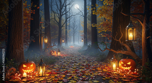 Autumn forest path with pumpkins and lanterns under moonlight, realistic Halloween atmosphere