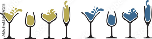 Wine glass and bottle silhouette,Wineglass or Champagne Glasses Line Icon Set. Celebration and Holidays Line Icon Set Vector Design on White Background.Splash of wine,Glass of wine
