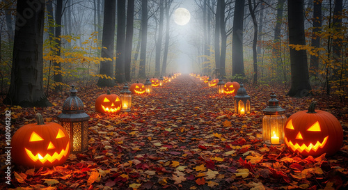 Wallpaper Mural Autumn forest path with pumpkins and lanterns under moonlight, realistic Halloween atmosphere Torontodigital.ca
