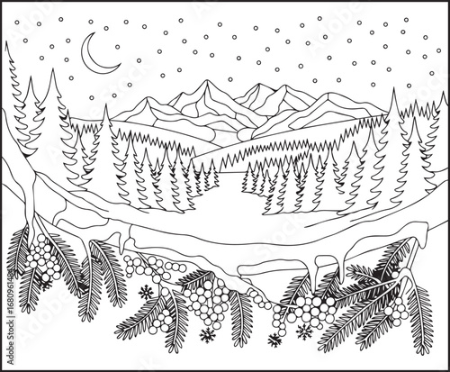 Winter landscape with pine forest and snow capped mountain beautiful theme coloring page for kids holiday enjoying