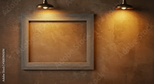 Elegant empty wooden picture frame illuminated by warm industrial style lamps against a textured rustic wall background, perfect for displaying art or memories.
