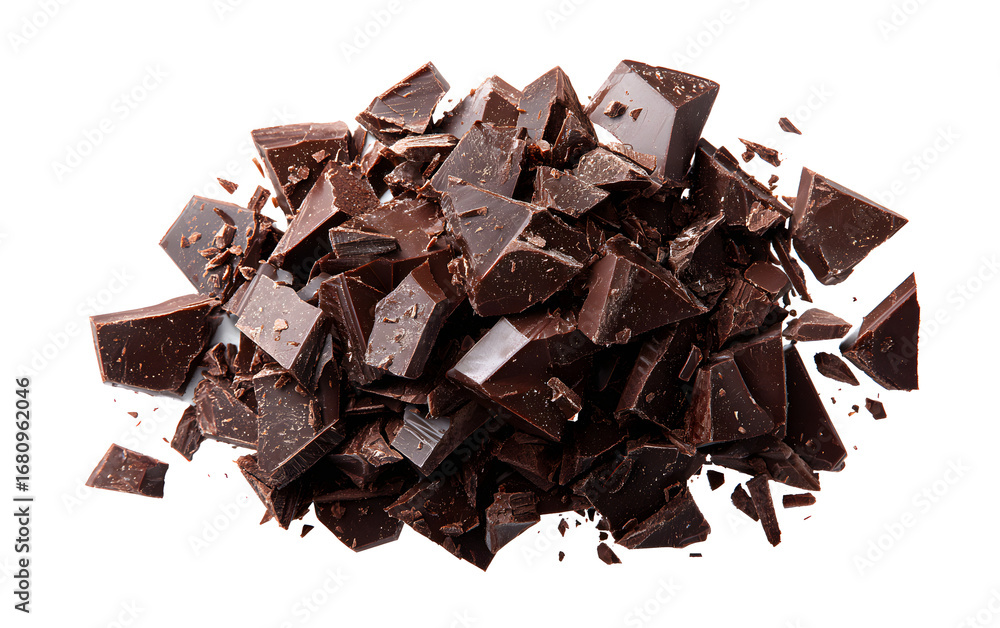 Fototapeta premium Delicious dark chocolate chunks scattered, perfect for dessert, baking, or indulgent culinary creations