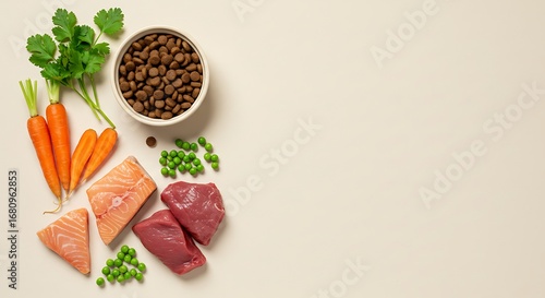 Wholesome Pet Food Ingredients: A Flat Lay of Fresh Salmon, Meat, and Vegetables