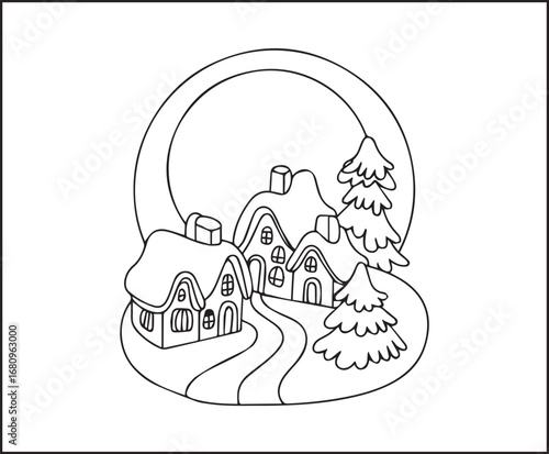 Winter theme coloring page for kids of winter village with houses, pine tree, curved snowy path scenery vector line art illustration for holiday enjoying