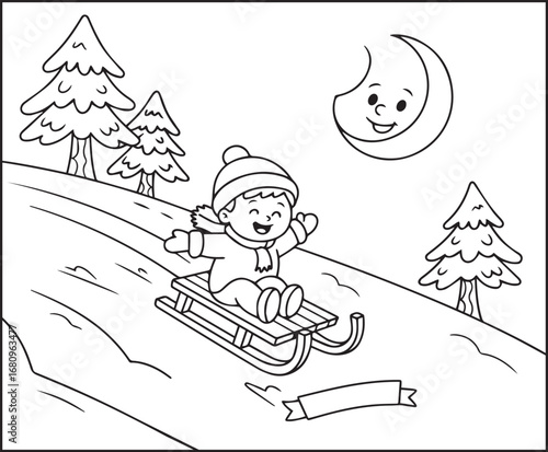 Winter theme coloring page for kids with a cheerful child enjoying sledding down a gentle hill vector line art illustration for holiday enjoying
