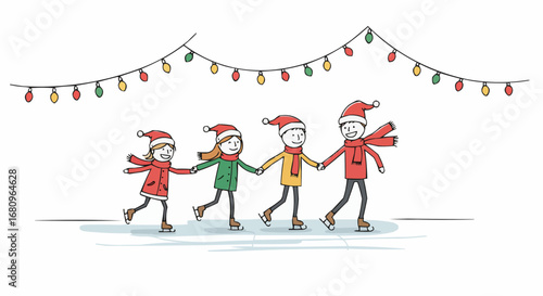 Stick Figure Family Ice Skating Under Christmas Lights in Minimalist Line Art