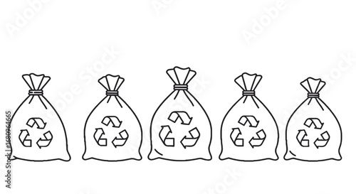 Five recycling bags lined up on white background  