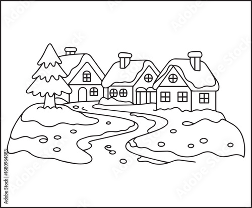 Winter theme coloring page for kids of winter village with houses, pine tree, curved snowy path scenery vector line art illustration for holiday enjoying