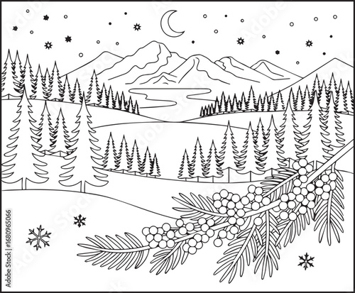 Winter landscape with pine forest and snow capped mountain beautiful theme coloring page for kids holiday enjoying