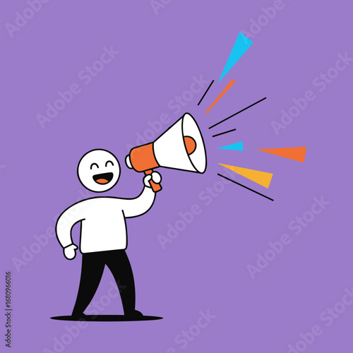 Excited person holding a megaphone announcing news to the world with colorful rays of sound emanating outward