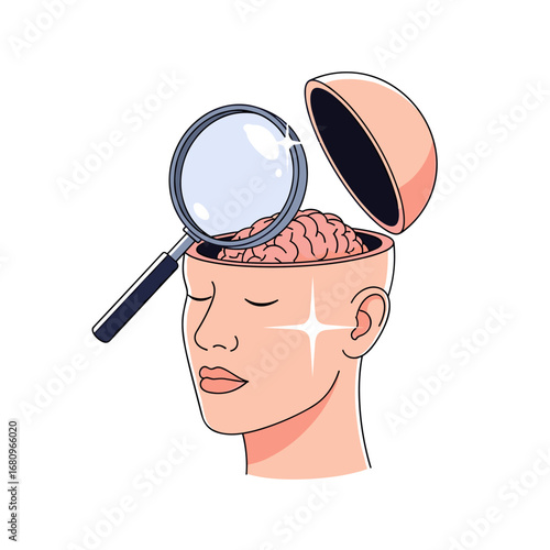 Exploring the human mind through magnified cognitive processes and intellectual discovery illustrating deep thinking and insightful understanding