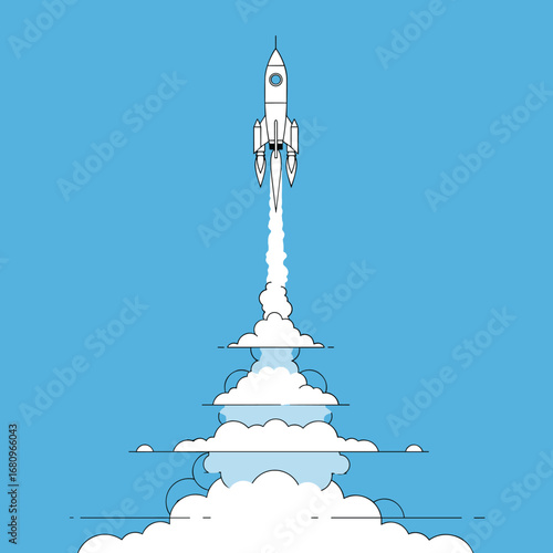 A majestic rocket ascends towards the vast expanse of the blue sky generating a towering column of white clouds and smoke