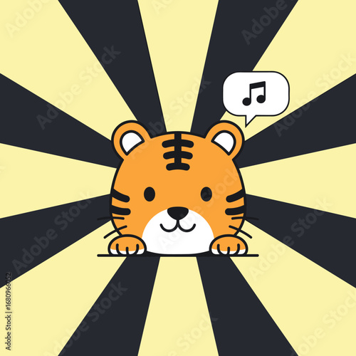 Adorable cute cartoon tiger character peeking out with music note symbol in speech bubble celebrating happiness and joyful sounds