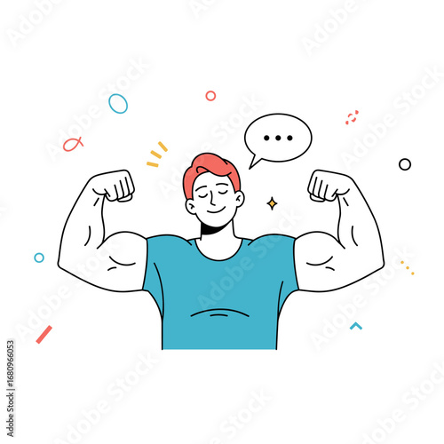 Man flexing muscular arms showing strength and confidence with a positive speech bubble above his head representing self-expression