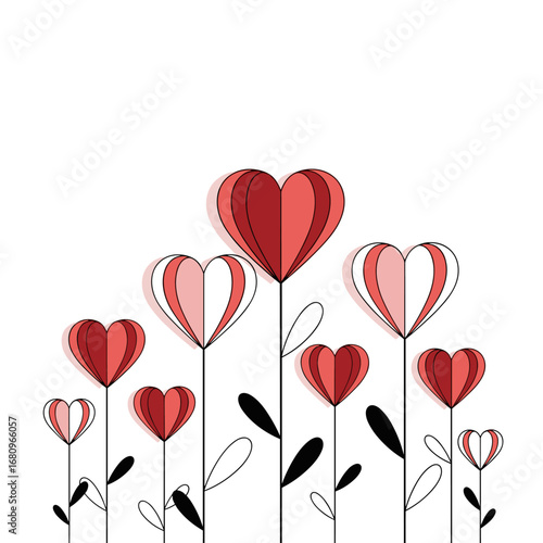 Beautiful blooming heart shaped flowers in a field representing love and romance