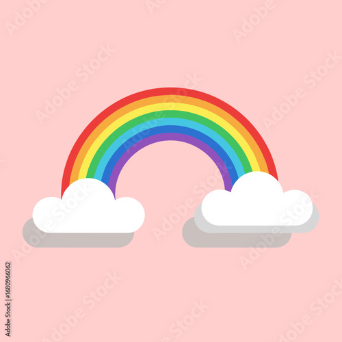 A beautiful vivid rainbow appears above soft fluffy clouds against a pastel pink background