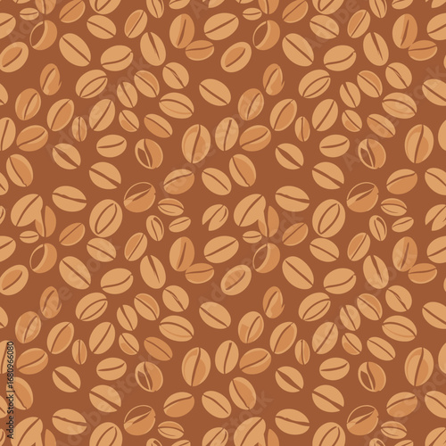 A repeating pattern of light brown coffee beans scattered across a rich brown background detailed and textured
