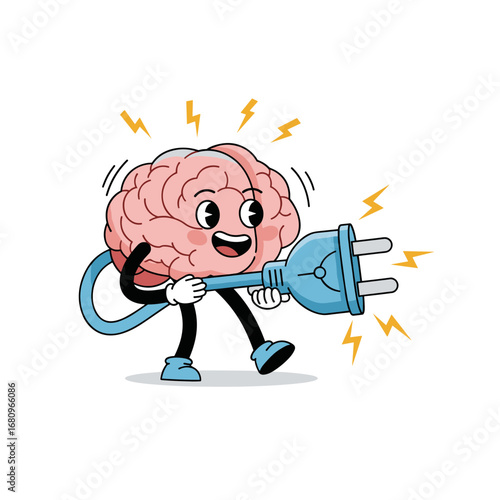 Cartoon brain character plugging electrical cord into outlet to power up imagination and creativity for innovative thinking