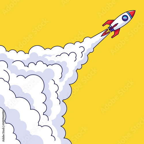 A cartoon illustration of a red white and blue rocket ship blasting off into the sky leaving a trail of white smoke against a bright yellow background
