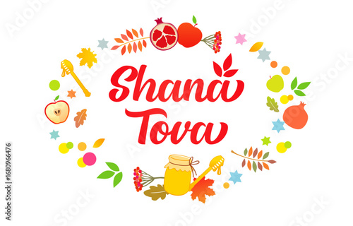 Shana Tova - Jewish New Year postcard design - Happy and sweet new year. Wish card template. Cute wreath with jar of honey, apples, leaves and berries. Set of traditional elements. Social media poster