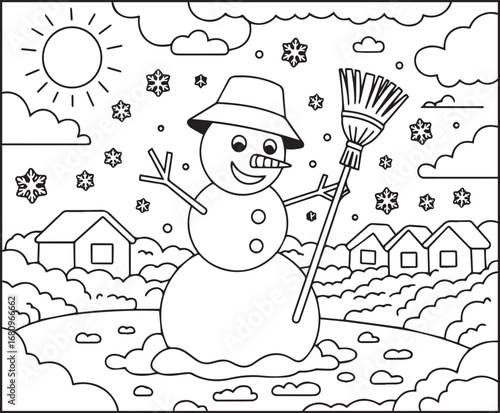 A cute charming snowman wearing bucket hat and holding a broom stands in winter theme beautiful scenery vector line art illustration for kids coloring page