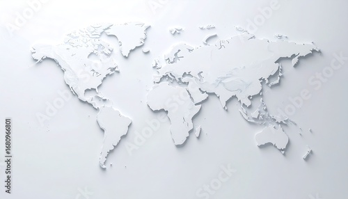 A 3D world map, rendered in a light gray/white color, creates a clean, minimalist design. The continents are sculpted with subtle relief, appearing embossed against a plain background