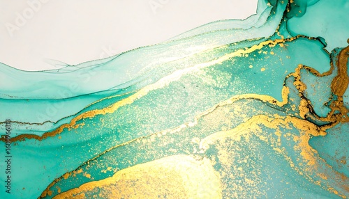 Panel kuchenny z motywem An elegant fluid art background featuring shimmering golden veins flowing through waves of turquoise green ink, resembling a luxurious abstract river