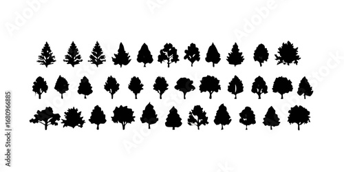 Vector art of diverse tree silhouettes, showcasing a variety of arboreal forms for landscape designs, nature illustrations, and ecological graphics