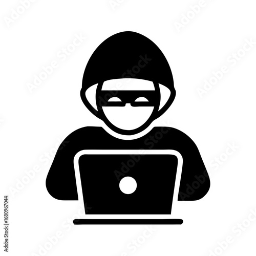 Vector art of hacker with laptop, representing cybersecurity threat, data breach, and online crime in the digital age, emphasizing the need for protection