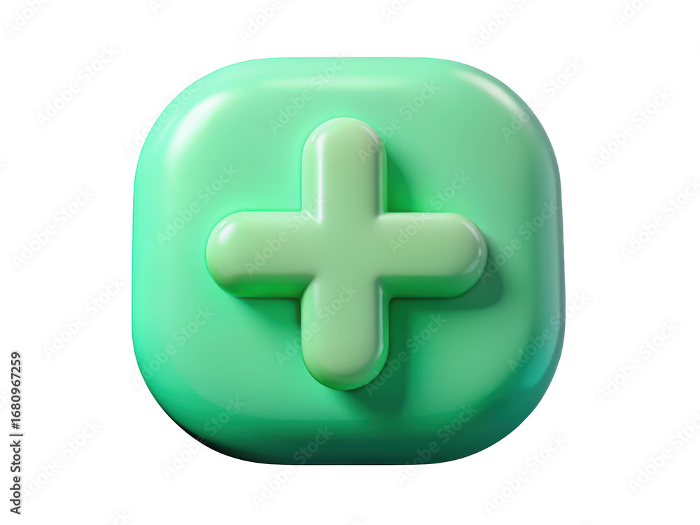 Obraz premium Green plus sign on rounded square button addition symbol mathematical operation medical cross health care sign 3d illustration isolated on transparent background