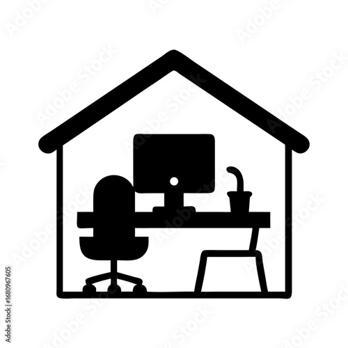 Vector art of minimalist home office setup with desk, computer, chair, and plant, symbolizing remote work and online business