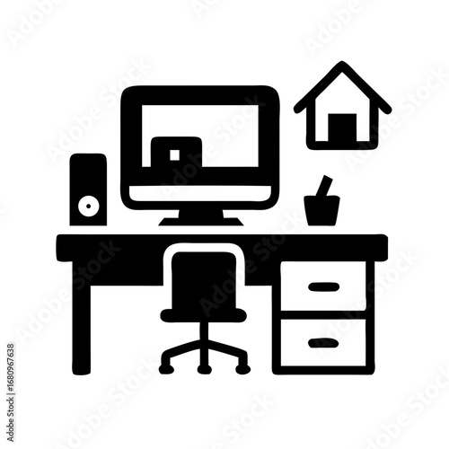 Vector art of home office setup with computer, desk, chair, speaker, and drawers, representing remote work and online business