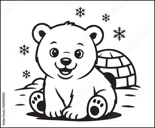 Winter theme coloring page for kids with a cute polar bear cub sitting and smiling vector line art illustration for holiday enjoying