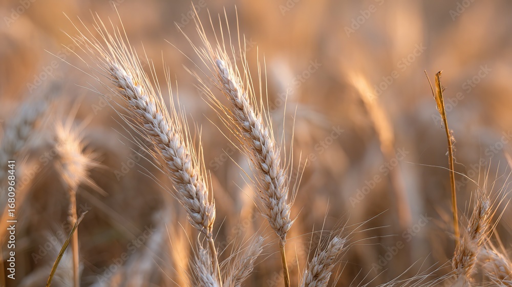 Fototapeta premium A close-up of golden ears of wheat in the foreground with a blurred wheat field in the background, creating an enticing scene for a bakery or food advertisement with text space and high resolution.