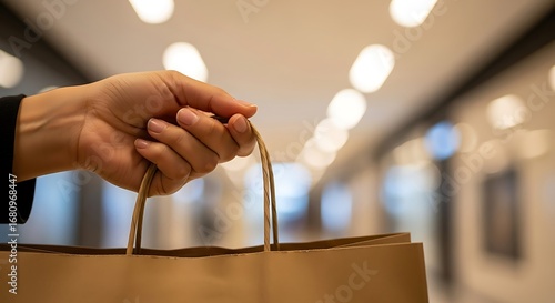 Close-up of a Hand Holding a Shopping Bag in a Modern Retail Environment with Bright Lighting and a Sleek Ambiance, Ideal for E-commerce, Consumerism, and Shopping Experience Marketing Campaigns