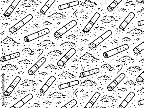 Seamless Hand Drawn Pattern of Cigarette Butts and Ashes in Black and White
