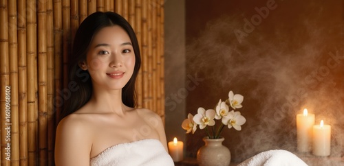 Beautiful young woman relaxing in spa with candles and steam for wellness concept