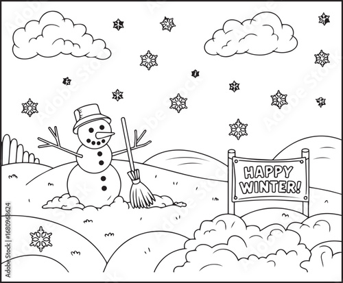 A cute charming snowman wearing bucket hat and holding a broom stands in winter theme beautiful scenery vector line art illustration for kids coloring page
