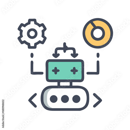 Vector art of automation process with machine learning and artificial intelligence, featuring data analysis and technological connections