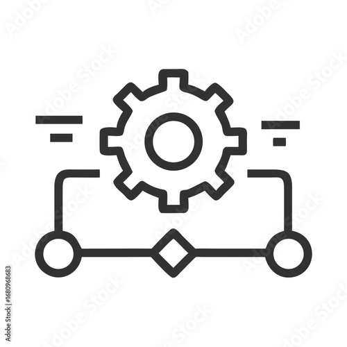 Vector art of workflow diagram with gear representing process automation, system engineering, and technological innovation for efficient solutions