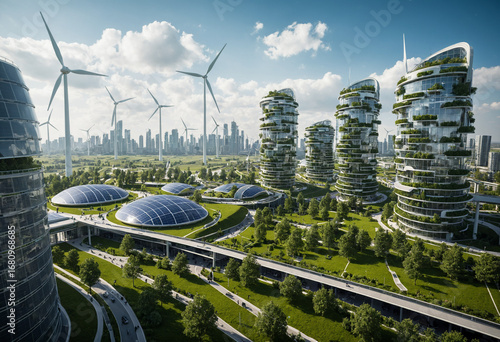 Future, solarpunk cityscape with green spaces and wind turbines in the buildings