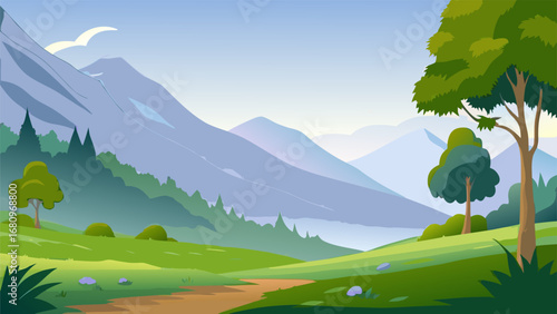 a serene landscape with lush green fields and towering mountains