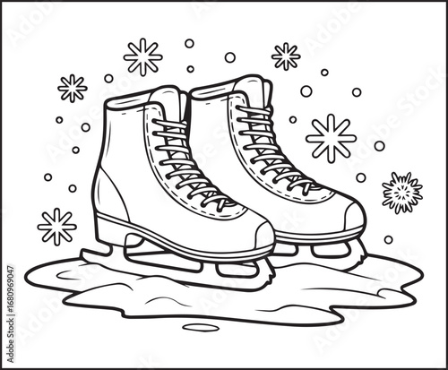 Winter theme coloring page for kids with a pair of vintage ice skates resting side-by-side vector line art illustration for holiday enjoying