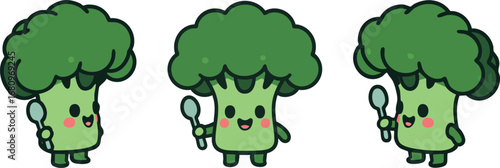 Cute broccoli mascot holding spoon with rosy cheeks