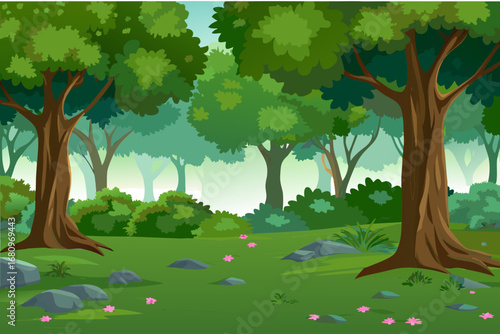 a serene forest scene with lush green trees and blooming flowers