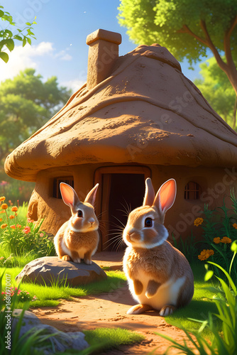 Cute Rabbits in Front of a Fantasy Mud House in a Lush Meadow. Digital Illustration