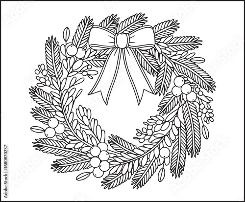 Winter theme coloring page for kids of pine branches and a bow decorated into circle shape vector line art illustration for holiday enjoying